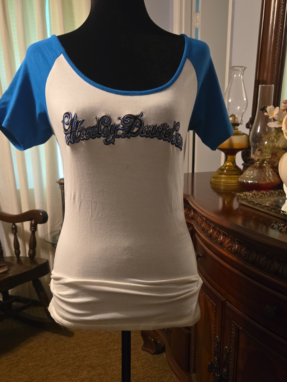 Harley-Davidson White Tee with Blue Raglan Sleeves and Script Logo
